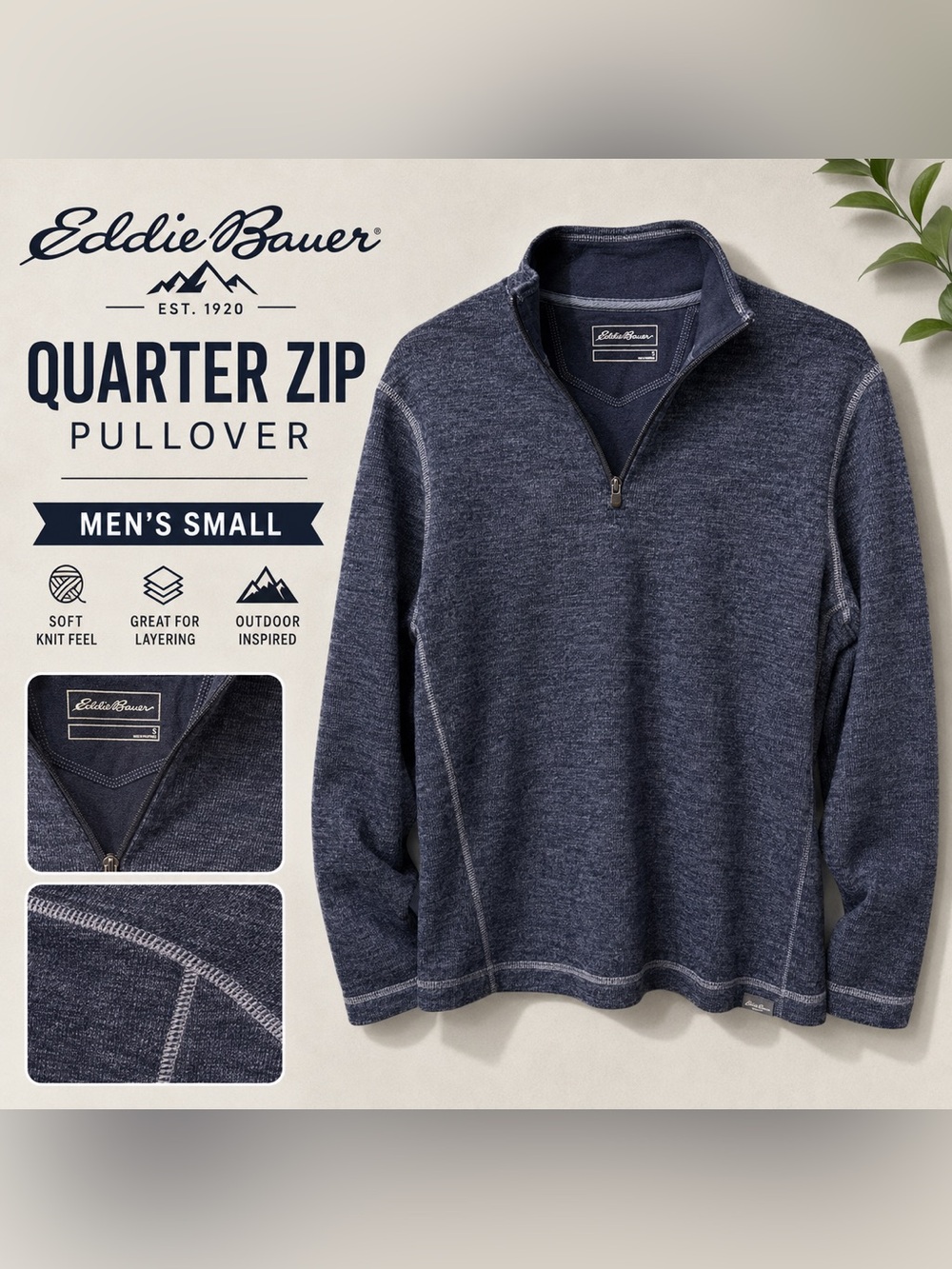 Eddie Bauer Quarter Zip Pullover Mens Small Blue Heather Mock Neck Sweater